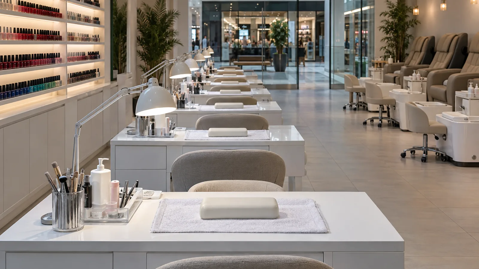 Empty manicure stations with lamps on and tools laid out on a quiet weekday morning, no clients