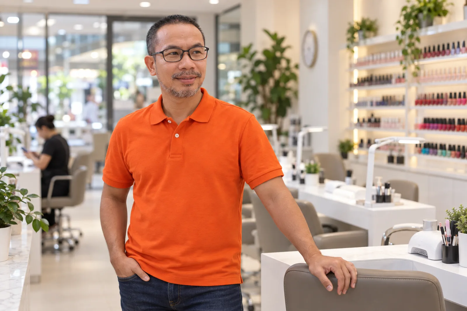Hai Pham stands in a quiet nail salon, empty chairs around him and one technician waiting at the back