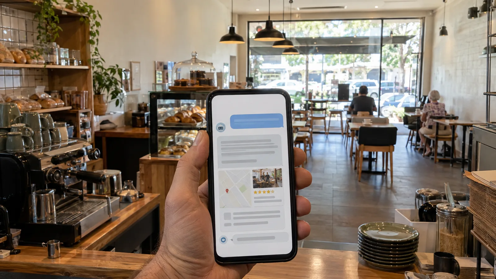 Point-of-view shot of a business owner reading an AI chatbot answer about their shop on a phone