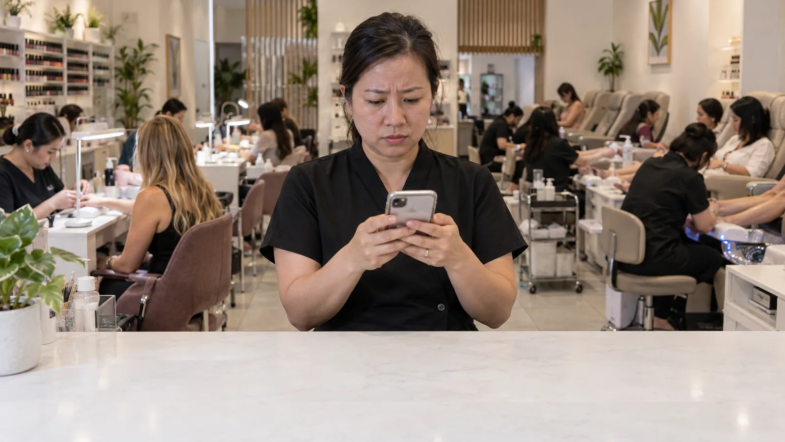 A nail salon owner frowns at her phone behind the counter while every chair in the busy salon is taken