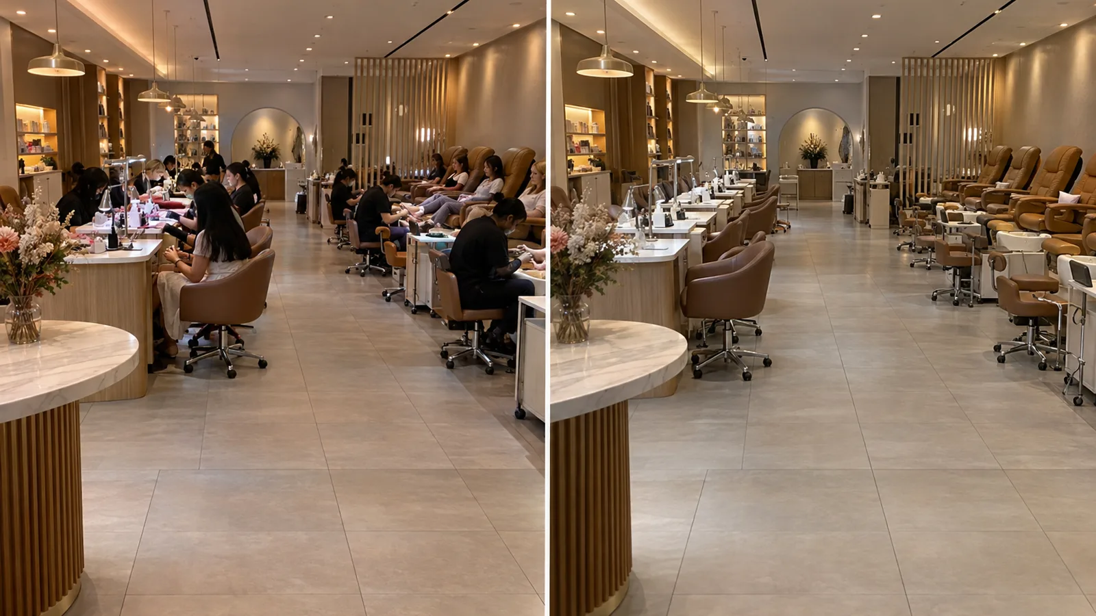 The same nail salon shown full of clients on one side and completely empty on the other