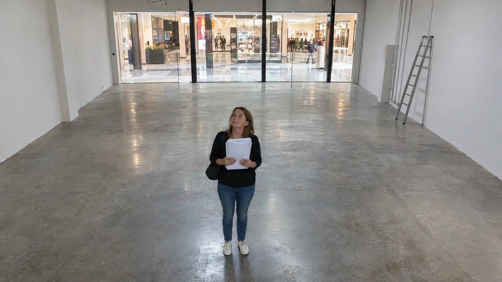 A future salon owner stands small in a large empty shopping-centre shop, holding the lease