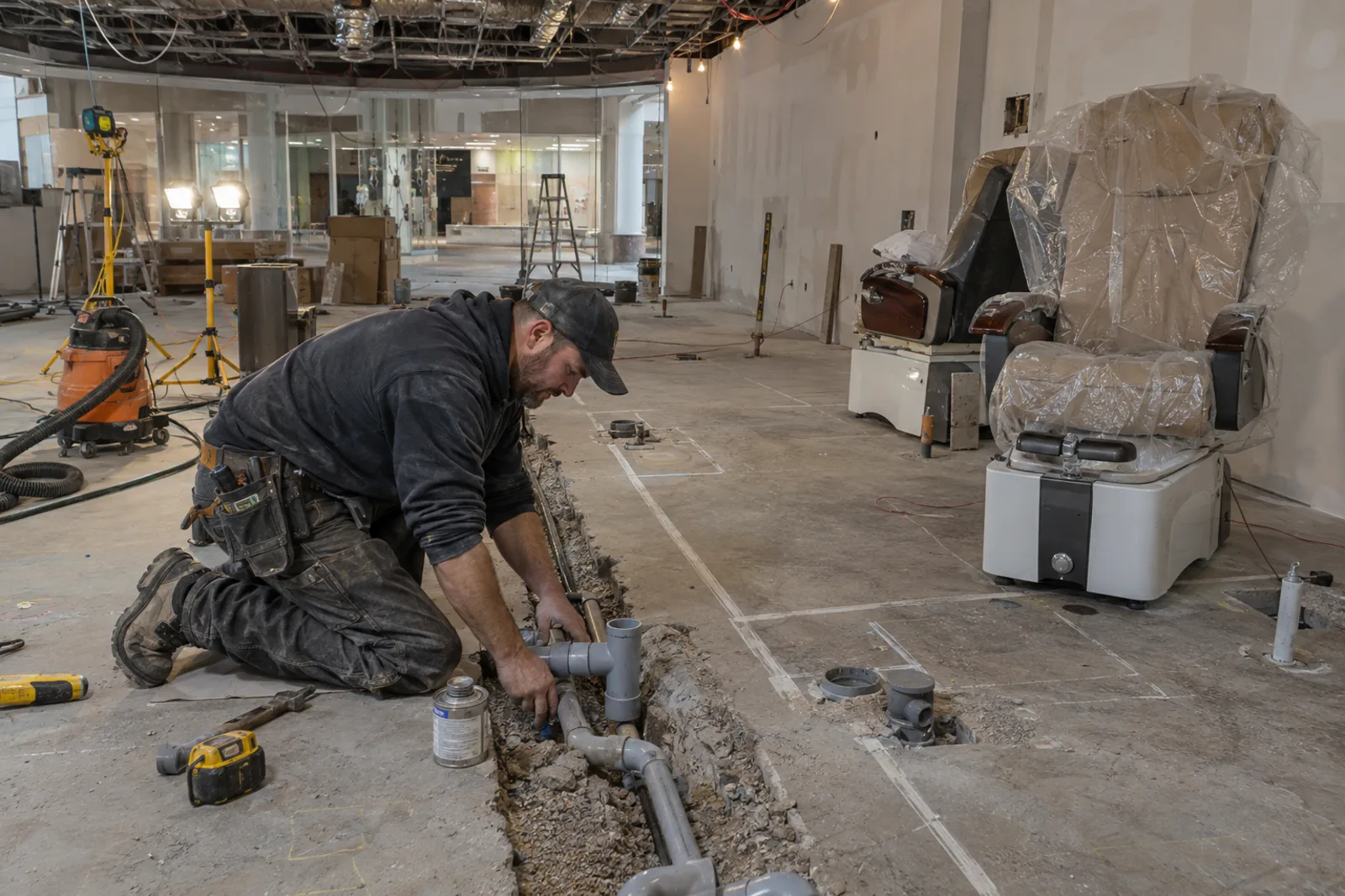 A plumber lays drain pipes in a trench cut into the concrete floor of a salon fit-out, a wrapped pedicure chair nearby