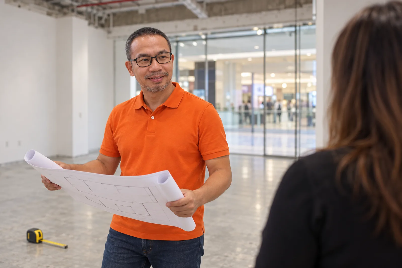 Hai Pham holds a floor plan inside an empty shopping-centre unit while talking with a future salon owner